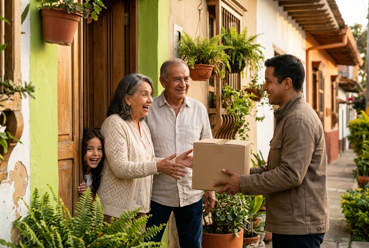 Abuelos felices recibiendo su pedido en casa